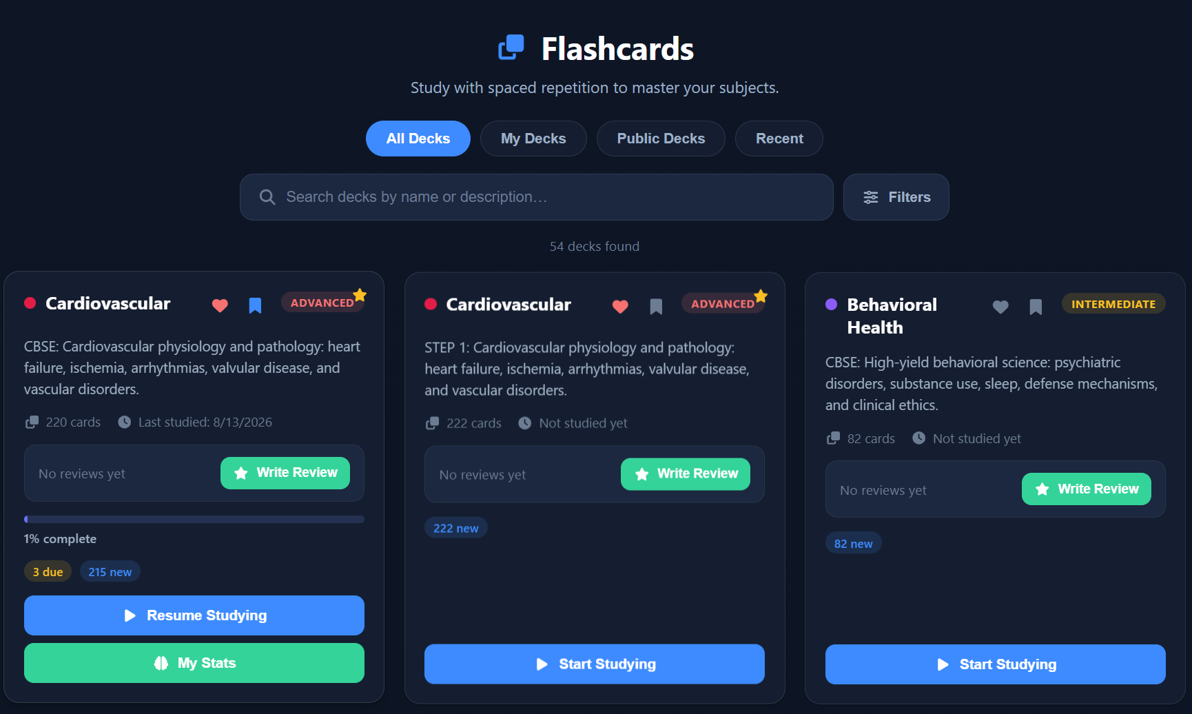 ExamFlip flashcard deck browser showing 54 public decks with due and new card counts