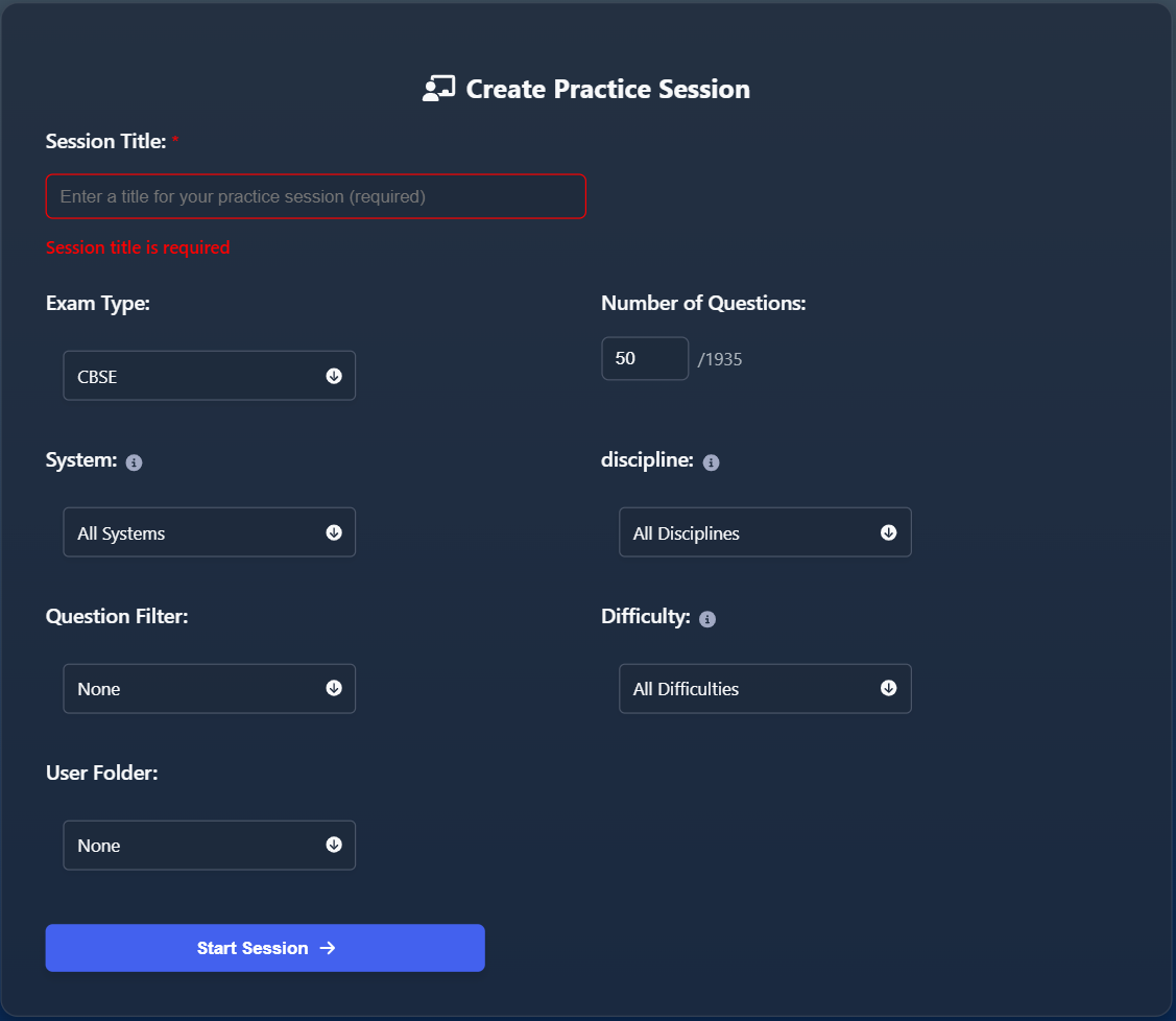 Create practice session form