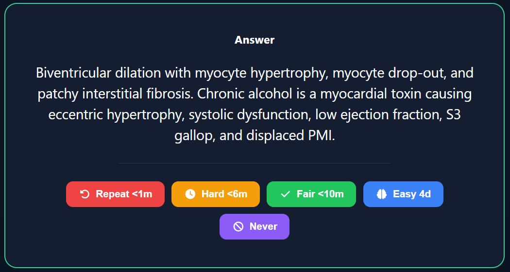 ExamFlip flashcard back with answer and SM-2 response buttons Repeat, Hard, Fair, Easy, and Never